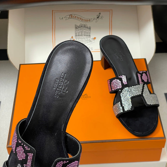 HM 25S ORAN HIGH‑HEEL SANDAL 50 MM IN BLACK LAMBSKIN WITH WHITE MIX PINK STONE DETAILS
