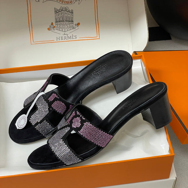 HM 25S ORAN HIGH‑HEEL SANDAL 50 MM IN BLACK LAMBSKIN WITH WHITE MIX PINK STONE DETAILS