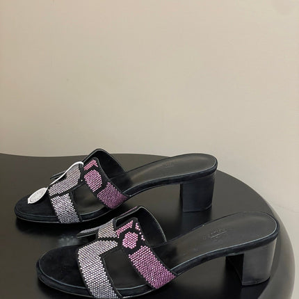 HM 25S ORAN HIGH‑HEEL SANDAL 50 MM IN BLACK LAMBSKIN WITH WHITE MIX PINK STONE DETAILS