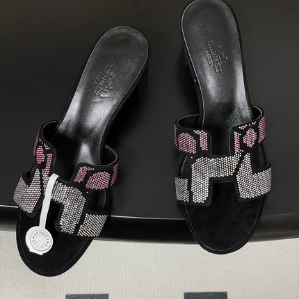 HM 25S ORAN HIGH‑HEEL SANDAL 50 MM IN BLACK LAMBSKIN WITH WHITE MIX PINK STONE DETAILS