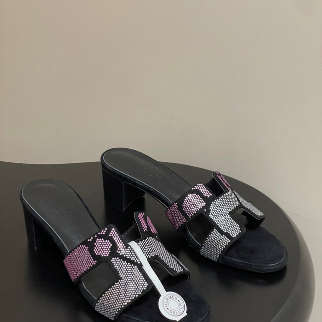 HM 25S ORAN HIGH‑HEEL SANDAL 50 MM IN BLACK LAMBSKIN WITH WHITE MIX PINK STONE DETAILS
