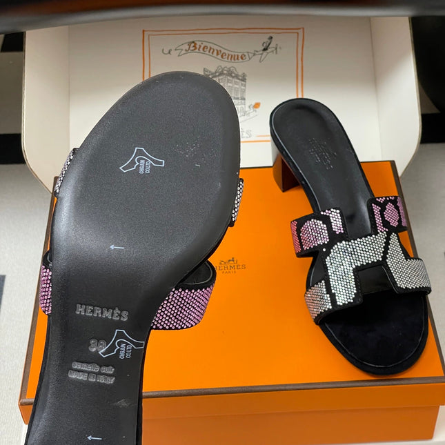 HM 25S ORAN HIGH‑HEEL SANDAL 50 MM IN BLACK LAMBSKIN WITH WHITE MIX PINK STONE DETAILS