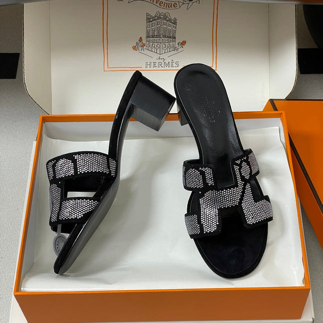 HM 25S ORAN HIGH‑HEEL SANDAL 50 MM IN BLACK LAMBSKIN WITH WHITE STONE DETAILS