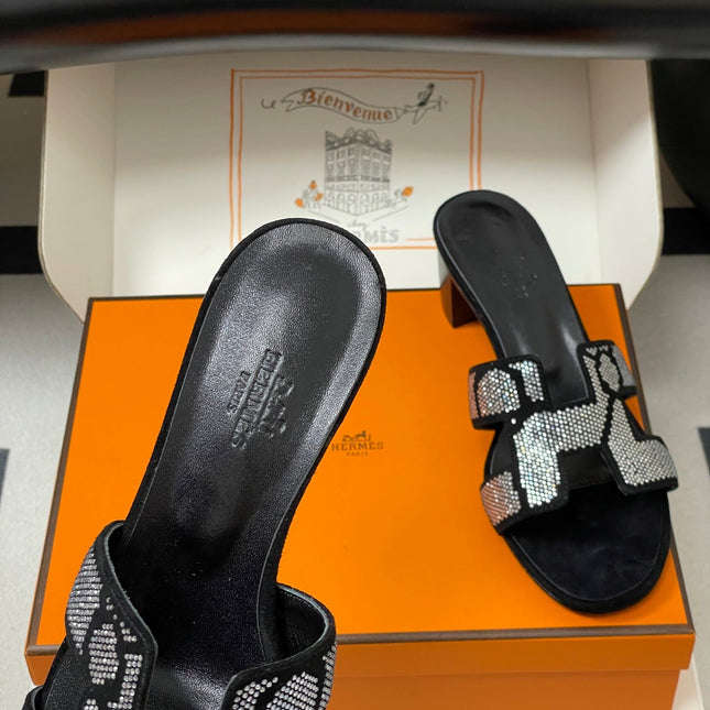 HM 25S ORAN HIGH‑HEEL SANDAL 50 MM IN BLACK LAMBSKIN WITH WHITE STONE DETAILS