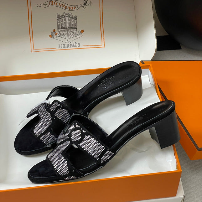 HM 25S ORAN HIGH‑HEEL SANDAL 50 MM IN BLACK LAMBSKIN WITH WHITE STONE DETAILS