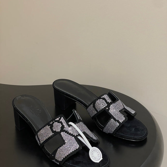 HM 25S ORAN HIGH‑HEEL SANDAL 50 MM IN BLACK LAMBSKIN WITH WHITE STONE DETAILS