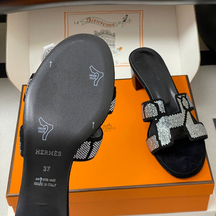 HM 25S ORAN HIGH‑HEEL SANDAL 50 MM IN BLACK LAMBSKIN WITH WHITE STONE DETAILS