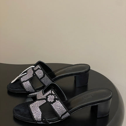 HM 25S ORAN HIGH‑HEEL SANDAL 50 MM IN BLACK LAMBSKIN WITH WHITE STONE DETAILS