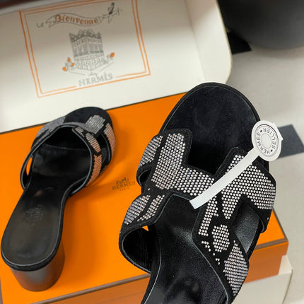 HM 25S ORAN HIGH‑HEEL SANDAL 50 MM IN BLACK LAMBSKIN WITH WHITE STONE DETAILS