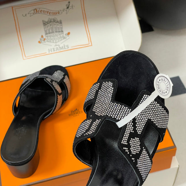HM 25S ORAN HIGH‑HEEL SANDAL 50 MM IN BLACK LAMBSKIN WITH WHITE STONE DETAILS