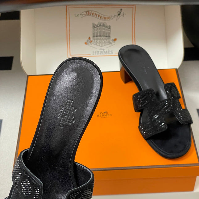 HM 25S ORAN HIGH‑HEEL SANDAL 50 MM IN BLACK LAMBSKIN WITH STONE DETAILS
