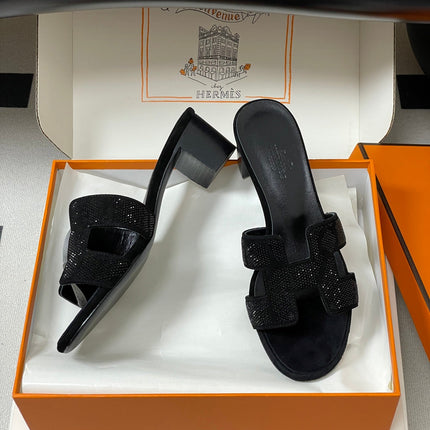 HM 25S ORAN HIGH‑HEEL SANDAL 50 MM IN BLACK LAMBSKIN WITH STONE DETAILS