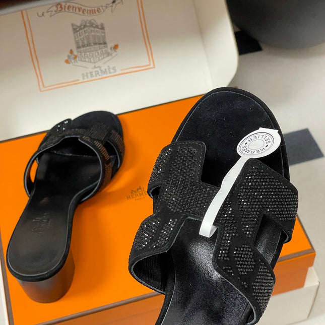 HM 25S ORAN HIGH‑HEEL SANDAL 50 MM IN BLACK LAMBSKIN WITH STONE DETAILS