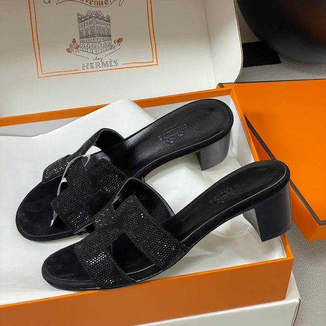 HM 25S ORAN HIGH‑HEEL SANDAL 50 MM IN BLACK LAMBSKIN WITH STONE DETAILS