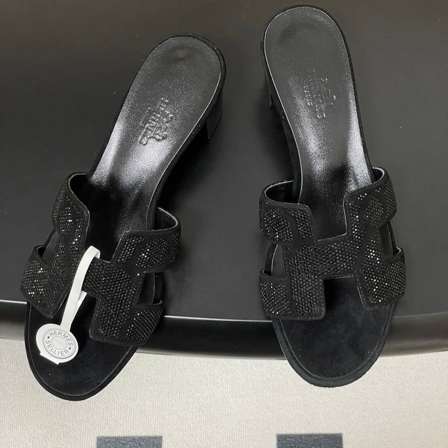 HM 25S ORAN HIGH‑HEEL SANDAL 50 MM IN BLACK LAMBSKIN WITH STONE DETAILS