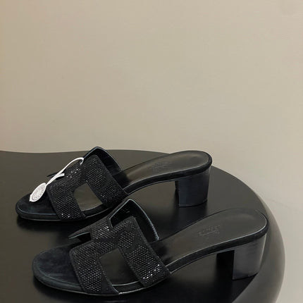 HM 25S ORAN HIGH‑HEEL SANDAL 50 MM IN BLACK LAMBSKIN WITH STONE DETAILS