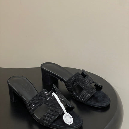 HM 25S ORAN HIGH‑HEEL SANDAL 50 MM IN BLACK LAMBSKIN WITH STONE DETAILS