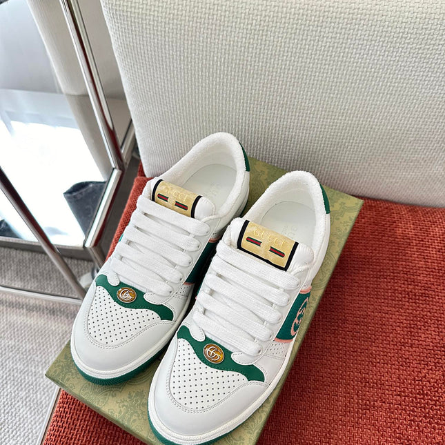 GG SCREENER SNEAKER WHITE AND DARK GREEN CALFSKIN
