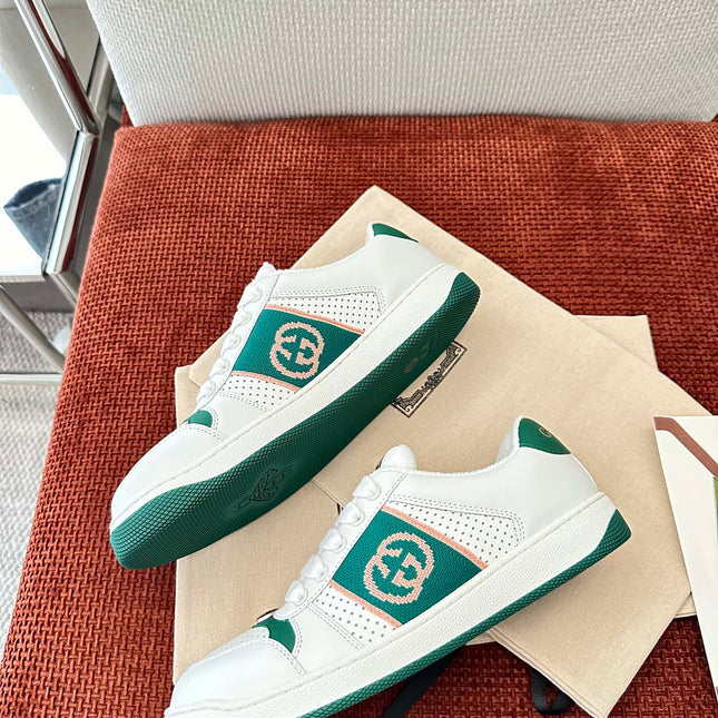 GG SCREENER SNEAKER WHITE AND DARK GREEN CALFSKIN