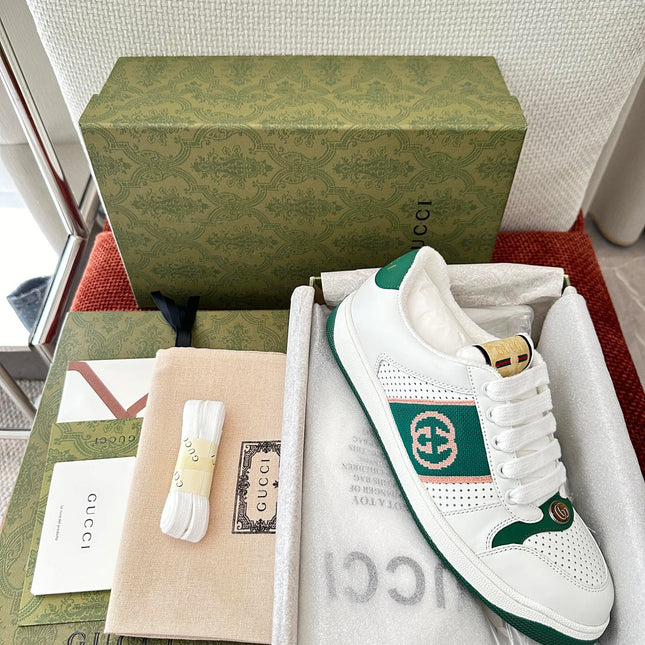 GG SCREENER SNEAKER WHITE AND DARK GREEN CALFSKIN