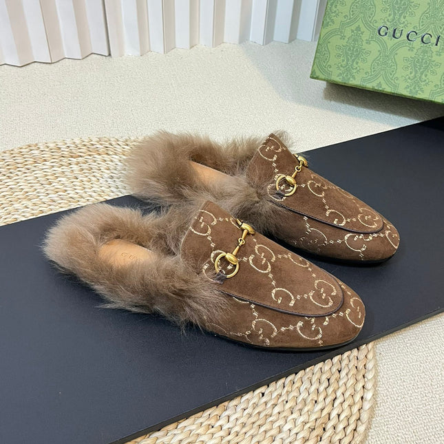 HORSEBIT MULE IN COCOA BROWN MONOGRAM VELVET AND LAMB WOOL LINING