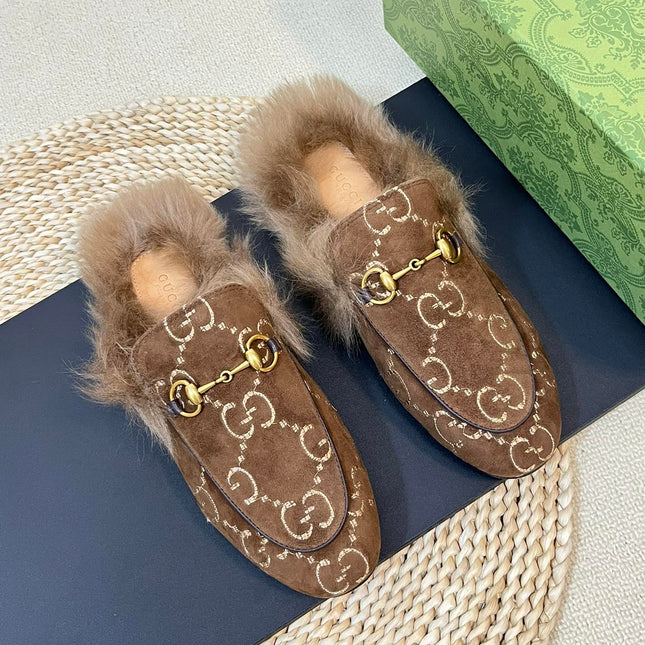 HORSEBIT MULE IN COCOA BROWN MONOGRAM VELVET AND LAMB WOOL LINING