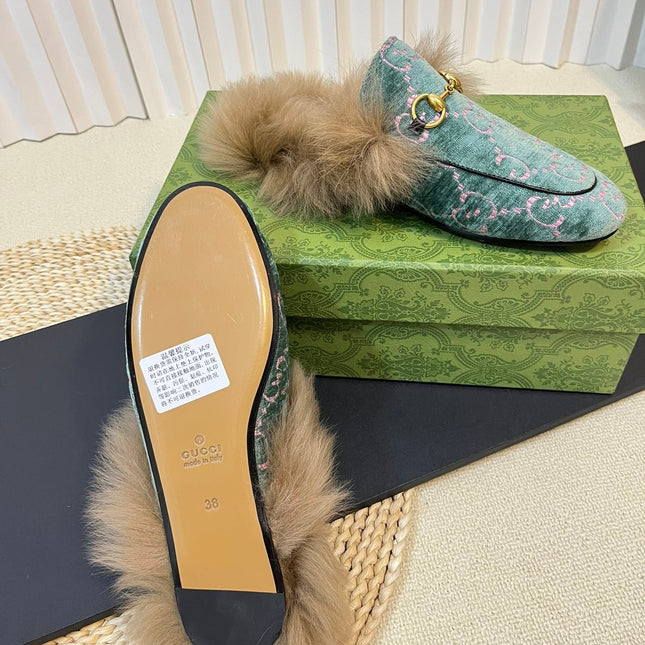 HORSEBIT MULE IN TURQUOISE MONOGRAM VELVET AND LAMB WOOL LINING