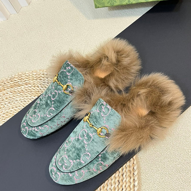 HORSEBIT MULE IN TURQUOISE MONOGRAM VELVET AND LAMB WOOL LINING