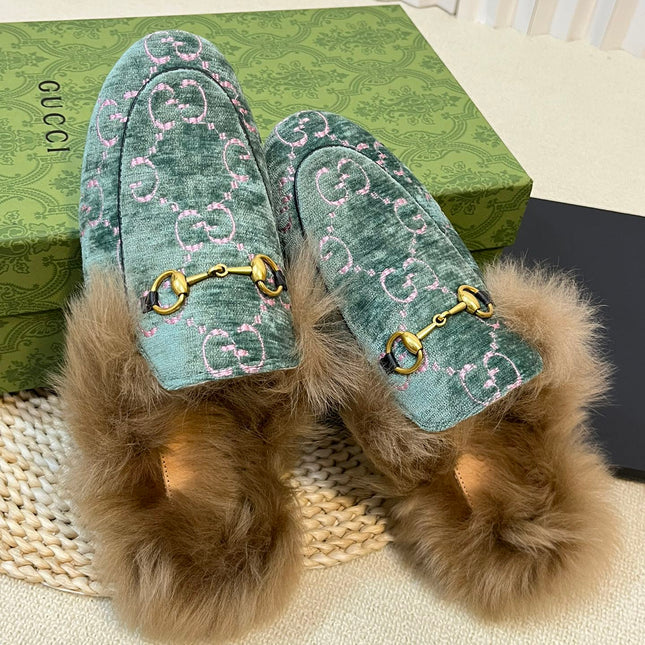 HORSEBIT MULE IN TURQUOISE MONOGRAM VELVET AND LAMB WOOL LINING