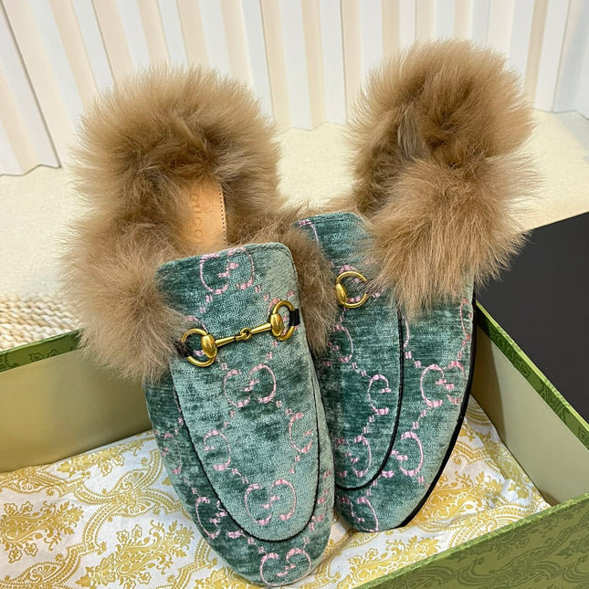 HORSEBIT MULE IN TURQUOISE MONOGRAM VELVET AND LAMB WOOL LINING