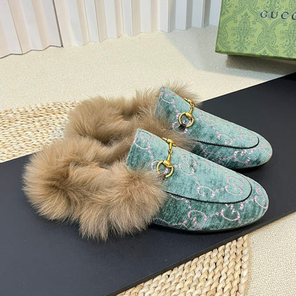 HORSEBIT MULE IN TURQUOISE MONOGRAM VELVET AND LAMB WOOL LINING