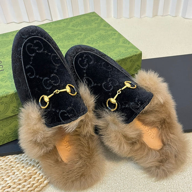 HORSEBIT MULE IN BLACK MONOGRAM VELVET AND LAMB WOOL LINING