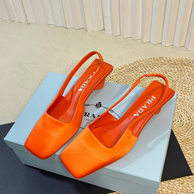 PRA SQUARE TOE SLINGBACK PUMPS BRIGHT ORANGE SATIN