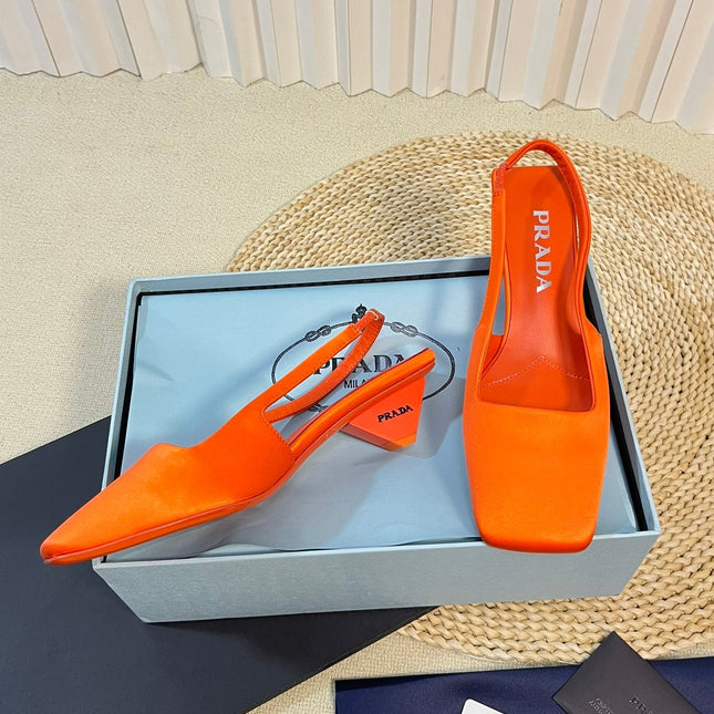 PRA SQUARE TOE SLINGBACK PUMPS BRIGHT ORANGE SATIN