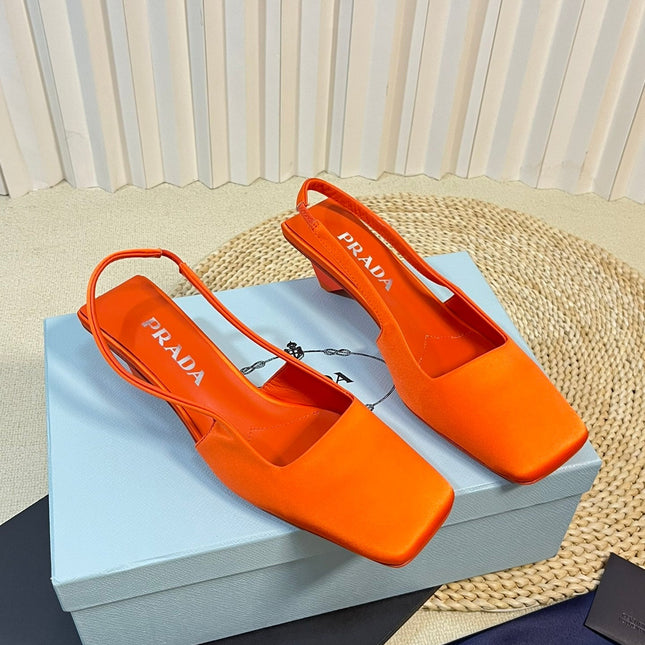 PRA SQUARE TOE SLINGBACK PUMPS BRIGHT ORANGE SATIN