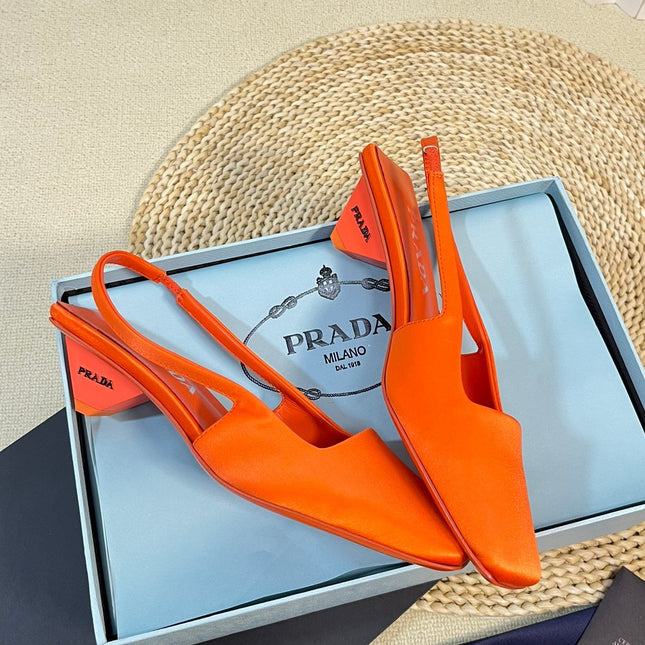 PRA SQUARE TOE SLINGBACK PUMPS BRIGHT ORANGE SATIN
