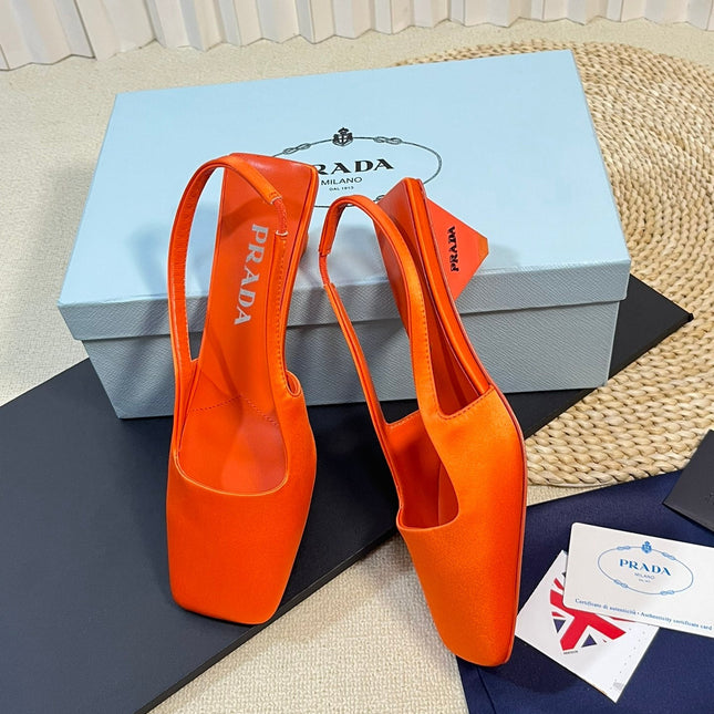PRA SQUARE TOE SLINGBACK PUMPS BRIGHT ORANGE SATIN