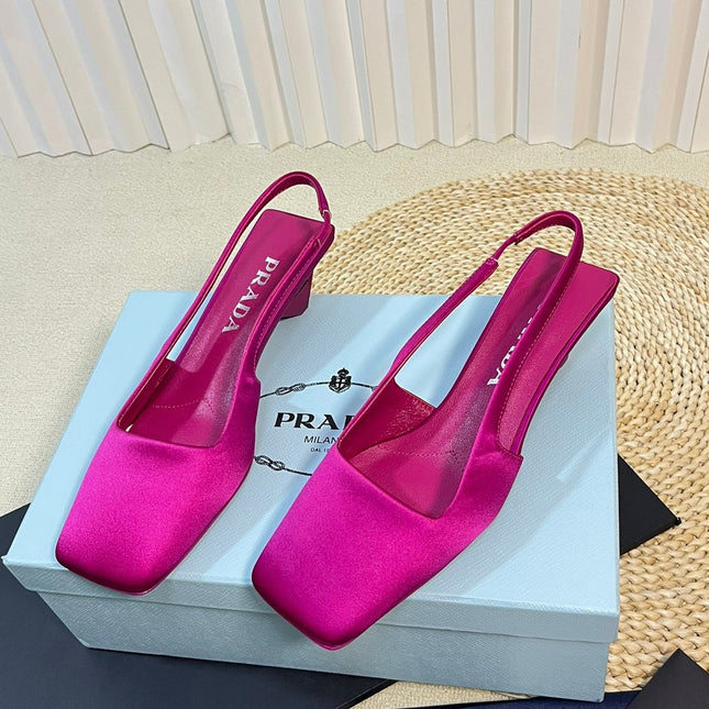 PRA SQUARE TOE SLINGBACK PUMPS BARBIE PINK SATIN