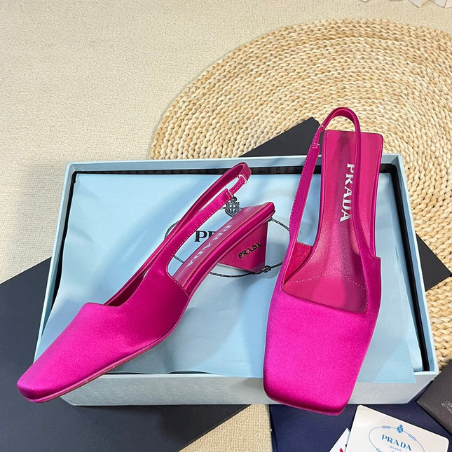 PRA SQUARE TOE SLINGBACK PUMPS BARBIE PINK SATIN