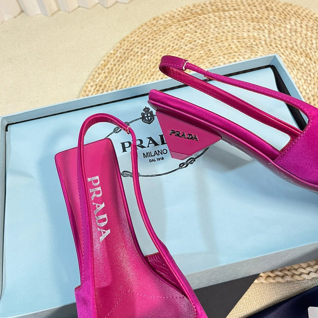 PRA SQUARE TOE SLINGBACK PUMPS BARBIE PINK SATIN