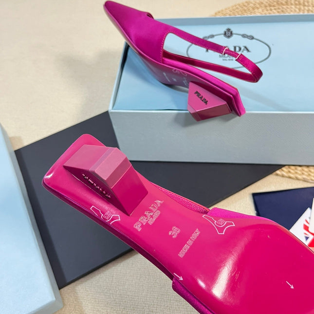 PRA SQUARE TOE SLINGBACK PUMPS BARBIE PINK SATIN