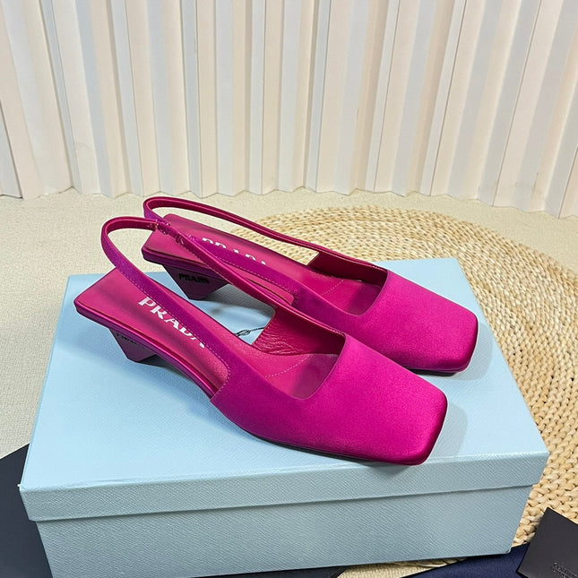 PRA SQUARE TOE SLINGBACK PUMPS BARBIE PINK SATIN