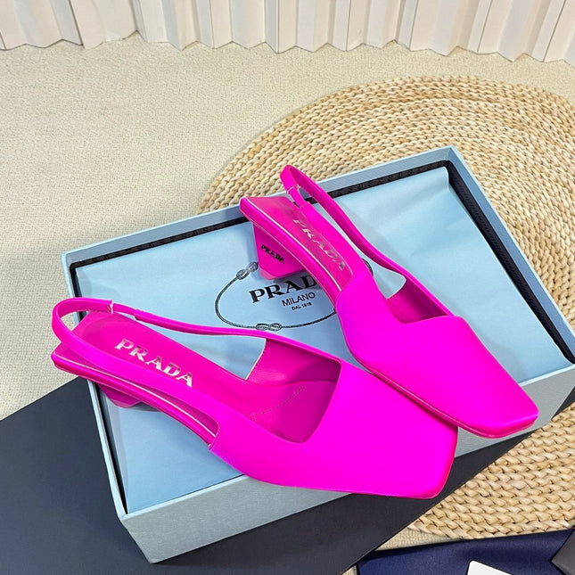 PRA SQUARE TOE SLINGBACK PUMPS BRIGHT PINK SATIN