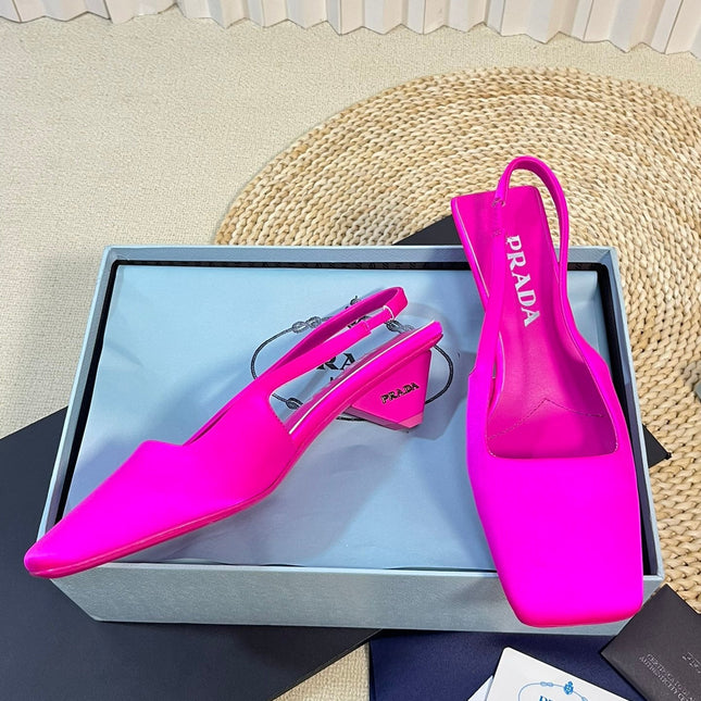 PRA SQUARE TOE SLINGBACK PUMPS BRIGHT PINK SATIN