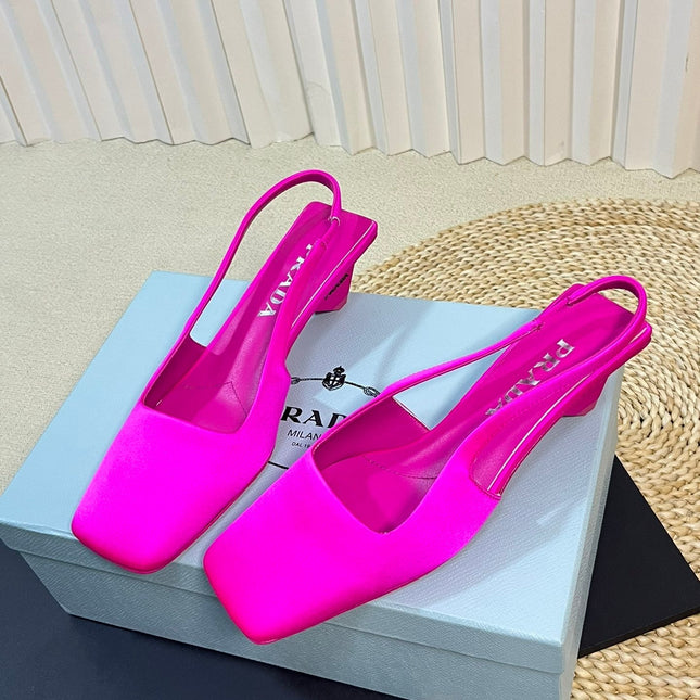 PRA SQUARE TOE SLINGBACK PUMPS BRIGHT PINK SATIN