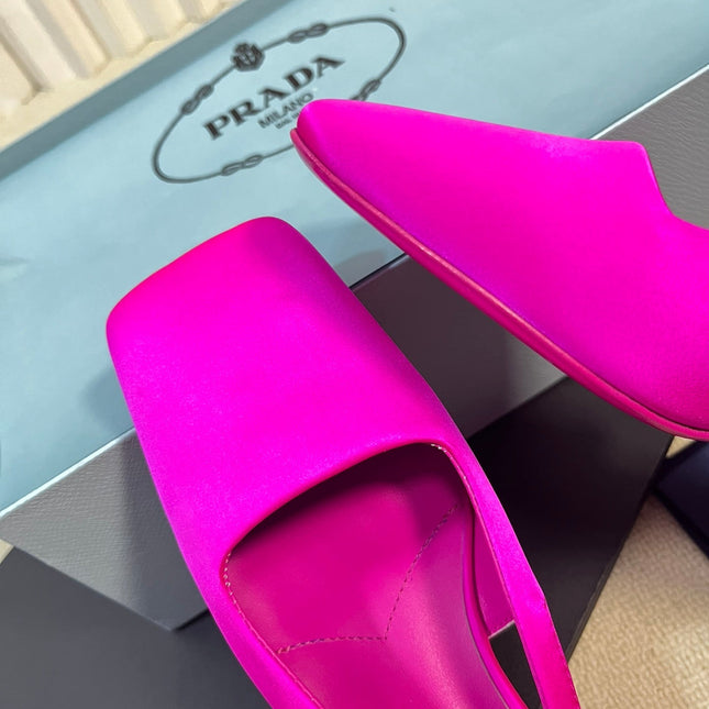 PRA SQUARE TOE SLINGBACK PUMPS BRIGHT PINK SATIN