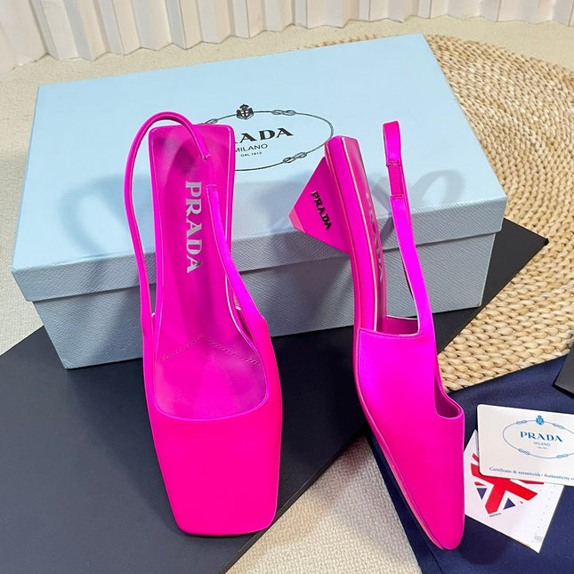 PRA SQUARE TOE SLINGBACK PUMPS BRIGHT PINK SATIN