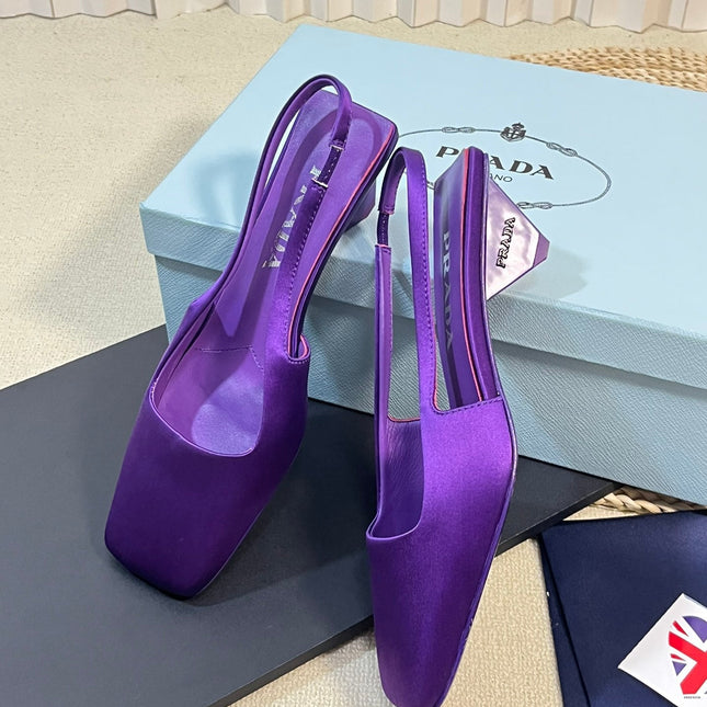 PRA SQUARE TOE SLINGBACK PUMPS VIOLET SATIN