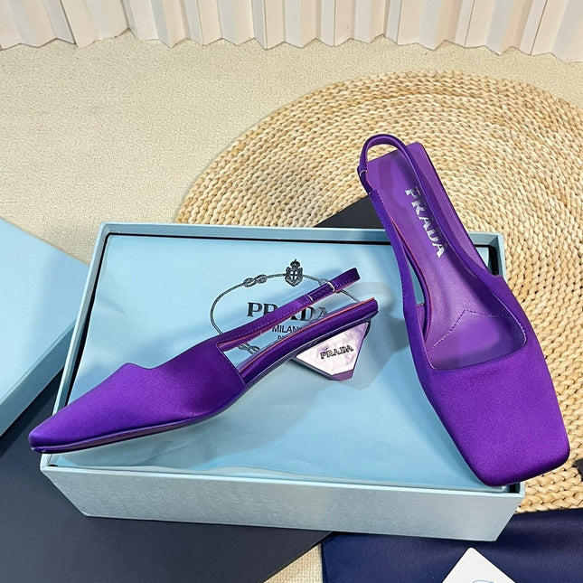 PRA SQUARE TOE SLINGBACK PUMPS VIOLET SATIN