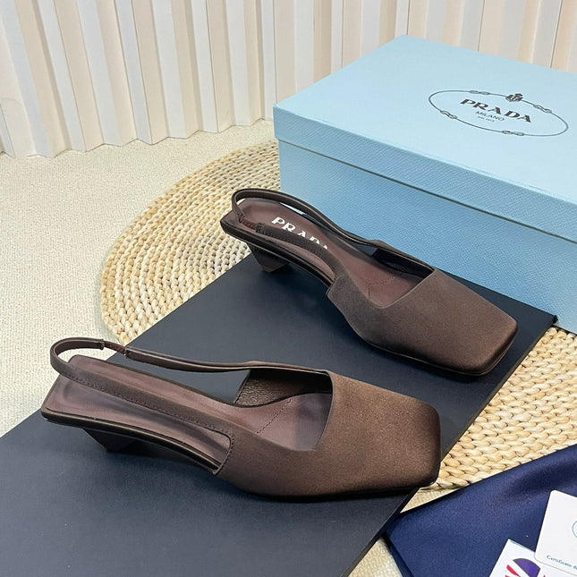 PRA SQUARE TOE SLINGBACK PUMPS CHOCOLATE SATIN